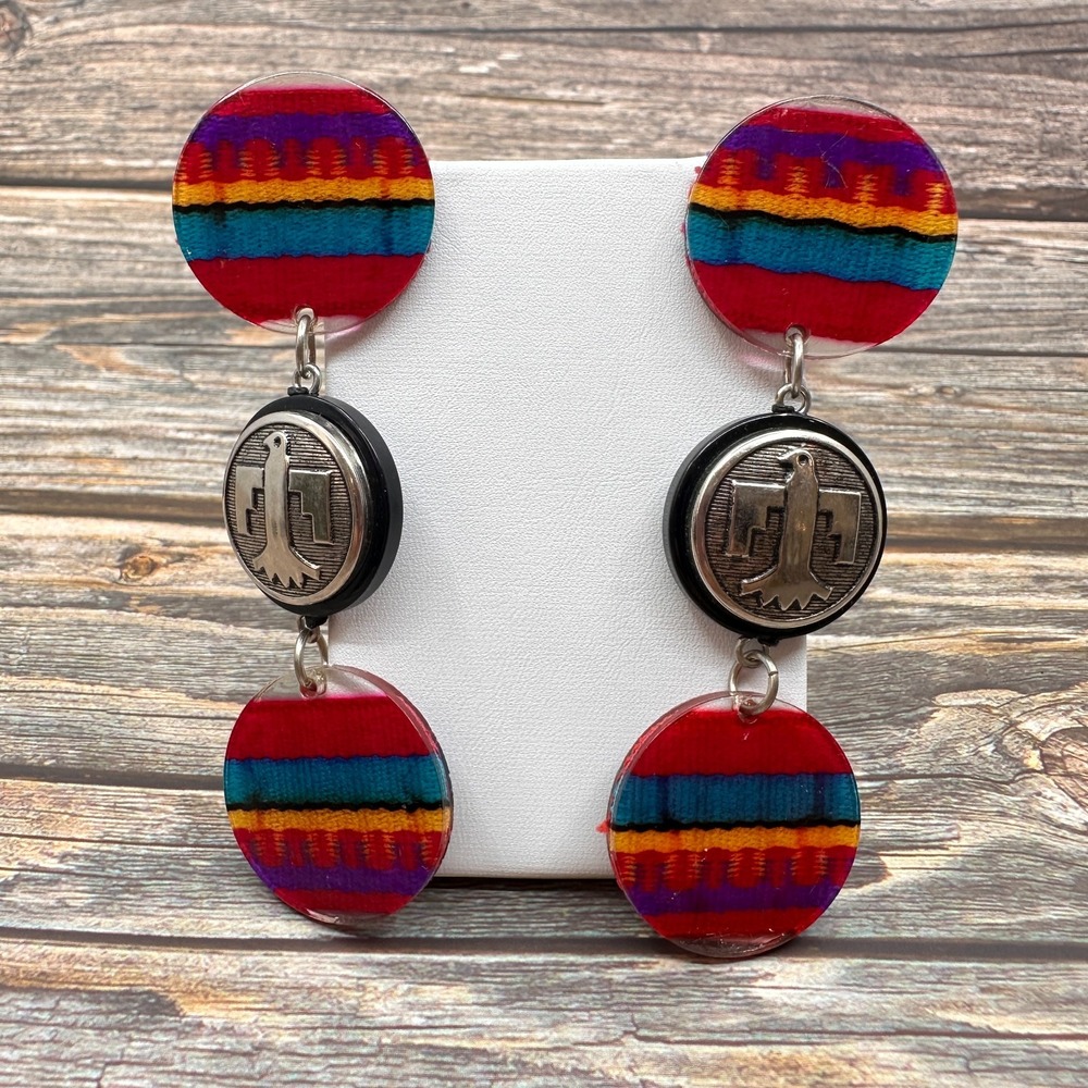 Southwestern Bird Motif Textile Disc Clip On Earrings Statement Boho Vintage
